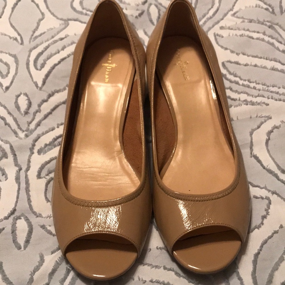 Cole Haan Nude Patent Peep Toe Wedges